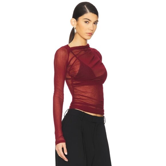 Enza Costa Long Sleeve Slash Top in Ruby Small New Womens Mesh Blouse - Picture 15 of 16